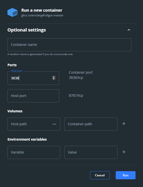 Docker container optional settings